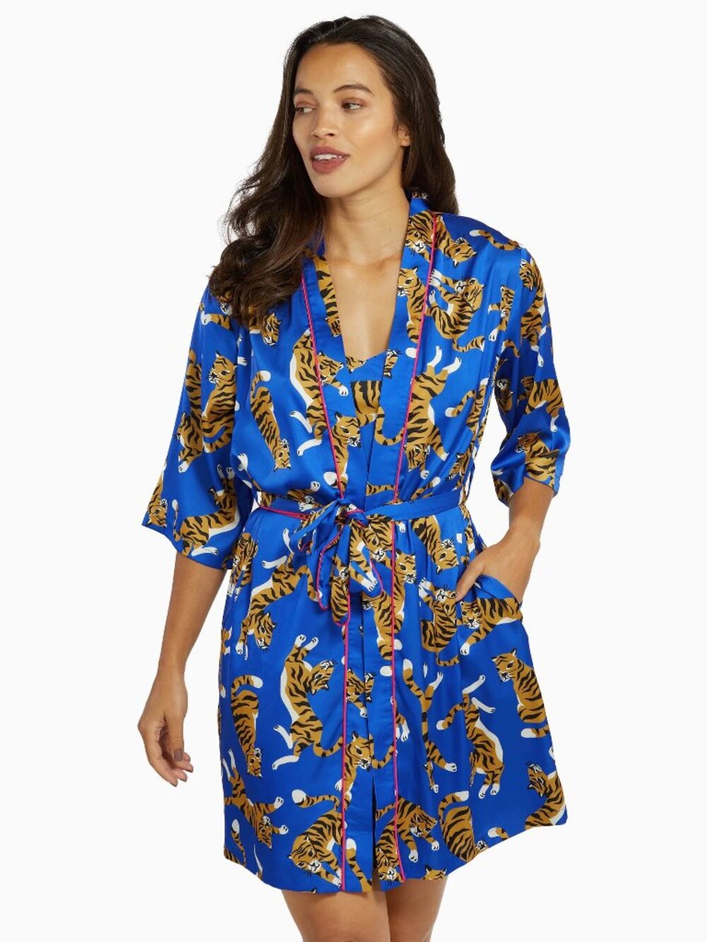 Playful Promises Kilo Brava Cobalt Blue Satin Tiger Robe and Slip Set